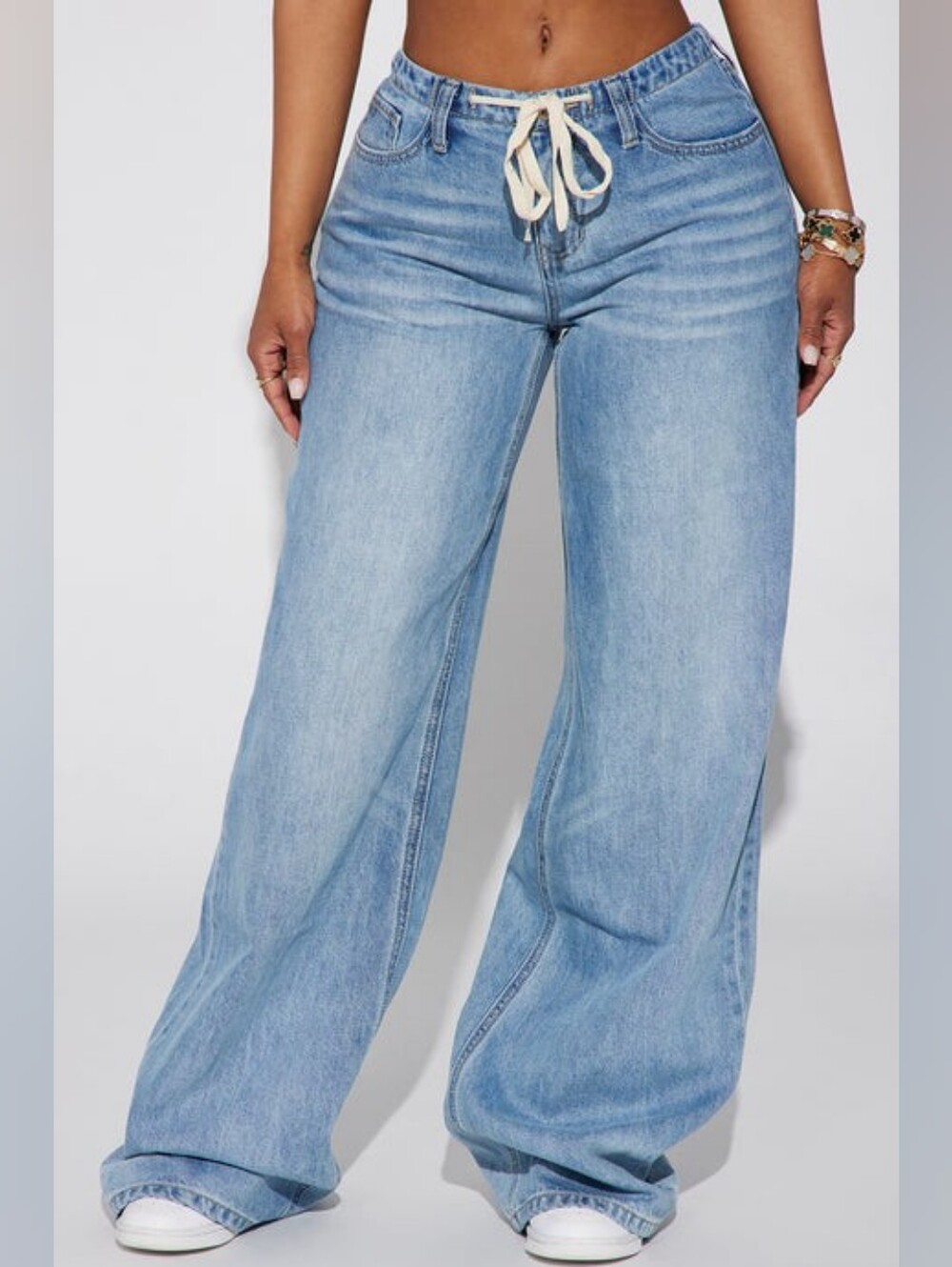 Fashion Nova Light Blue Wide-Leg Drawstring Jeans
